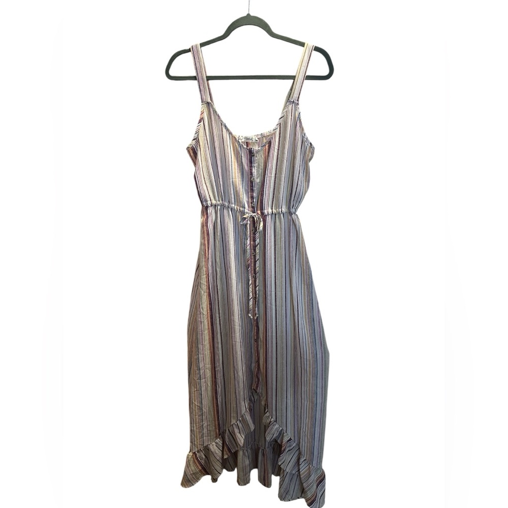 Striped Sleeveless High-Low Dress with Tie Waist in Neutral Stripe